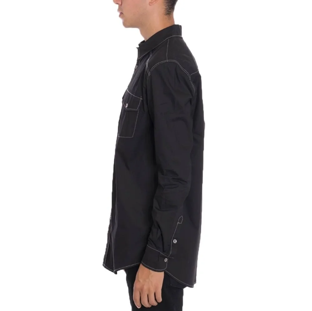 Men's 100% Cotton White Contrast Stitch Black Long Sleeve Button Down Shirt